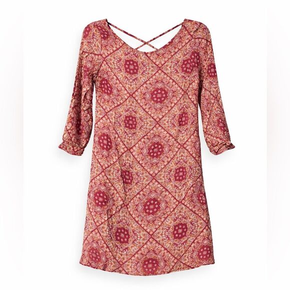 Charming Charlie Boho Paisley Burgundy Shift Dress Small NWT 3/4 Sleeve Y2K